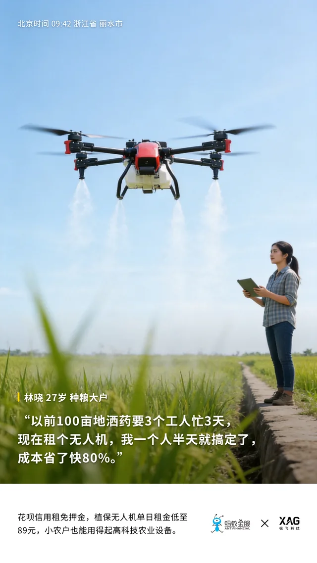 农业无人机场景海报,蓝天稻田